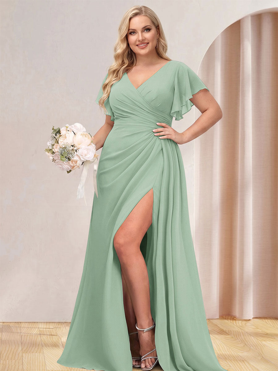 A Line Princess V Neck Long Plus Size Bridesmaid Dresses with Split Side
