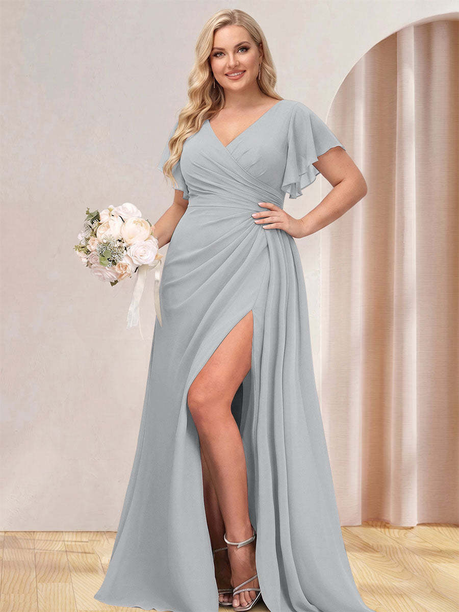 A Line Princess V Neck Long Plus Size Bridesmaid Dresses with Split Side