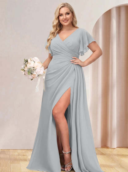 A Line Princess V Neck Long Plus Size Bridesmaid Dresses with Split Side