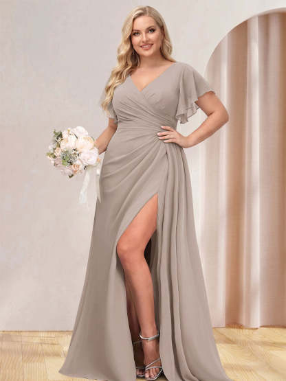 A Line Princess V Neck Long Plus Size Bridesmaid Dresses with Split Side