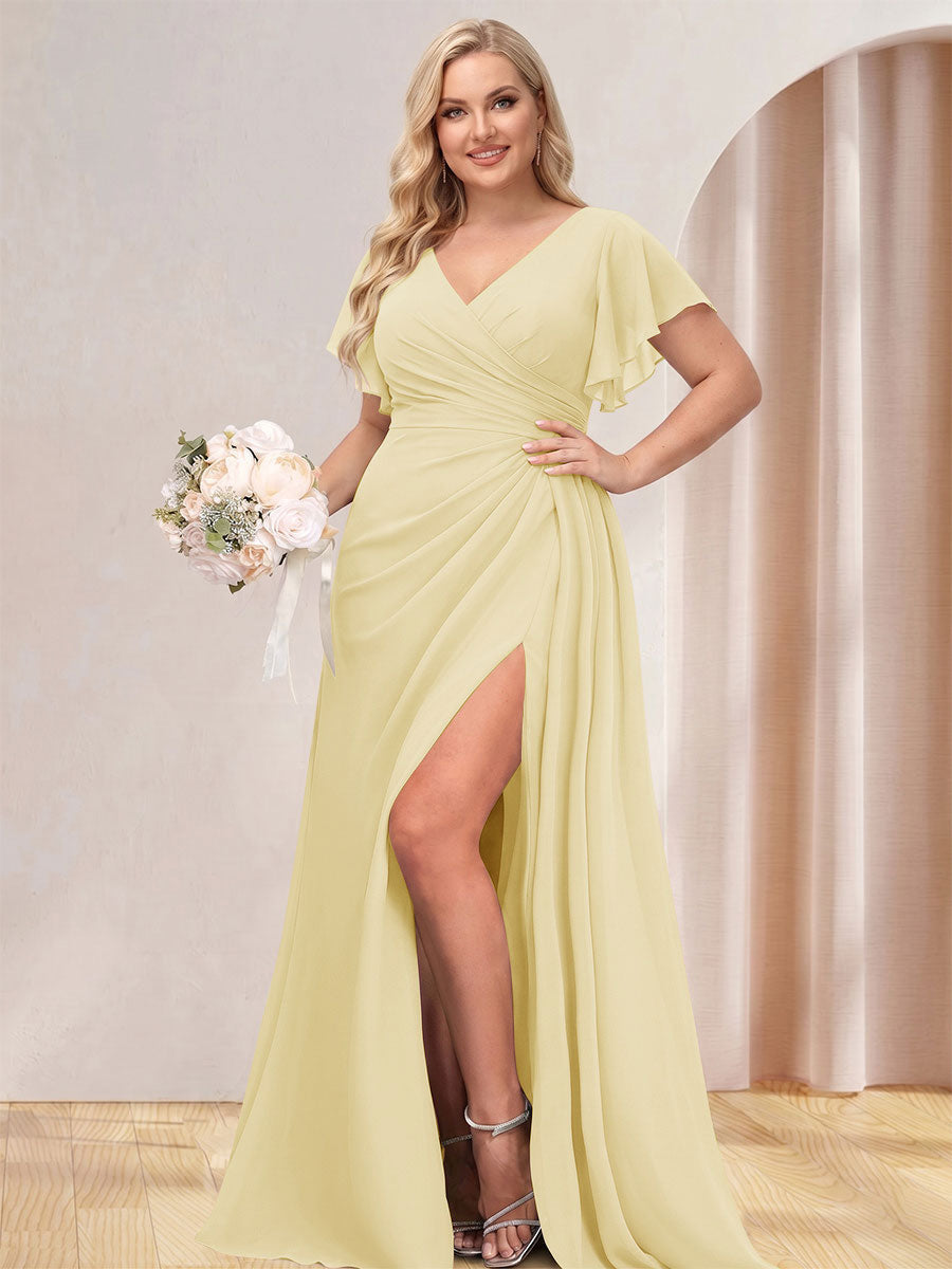 A Line Princess V Neck Long Plus Size Bridesmaid Dresses with Split Side