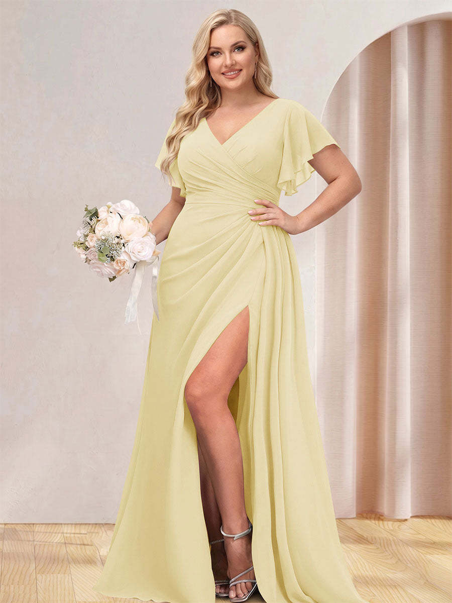 A Line Princess V Neck Long Plus Size Bridesmaid Dresses with Split Side