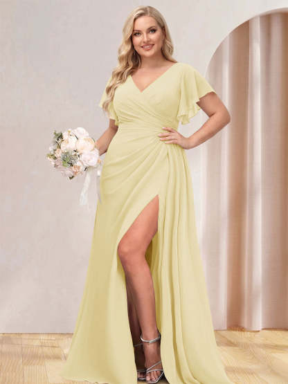 A Line Princess V Neck Long Plus Size Bridesmaid Dresses with Split Side