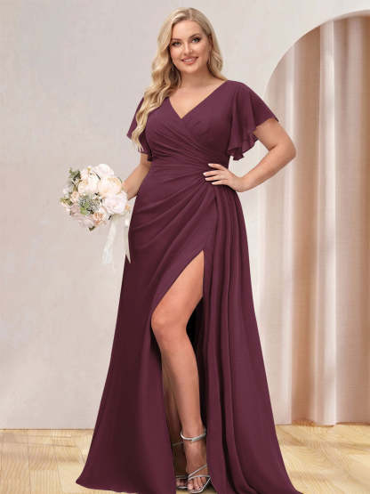 A Line Princess V Neck Long Plus Size Bridesmaid Dresses with Split Side