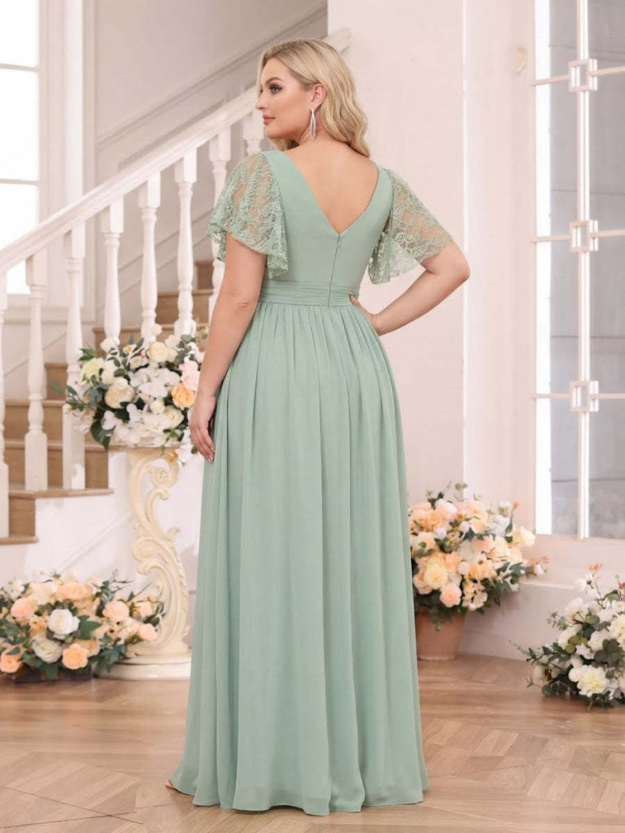 A Line Princess V Neck Long Plus Size Wedding Party Dresses with Split Side Pockets