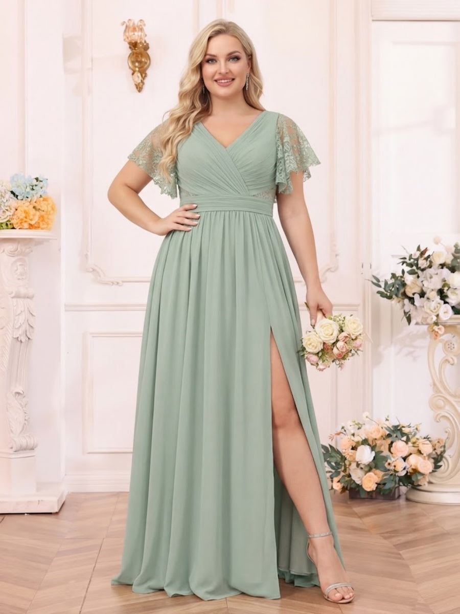 A Line Princess V Neck Long Plus Size Wedding Party Dresses with Split Side Pockets