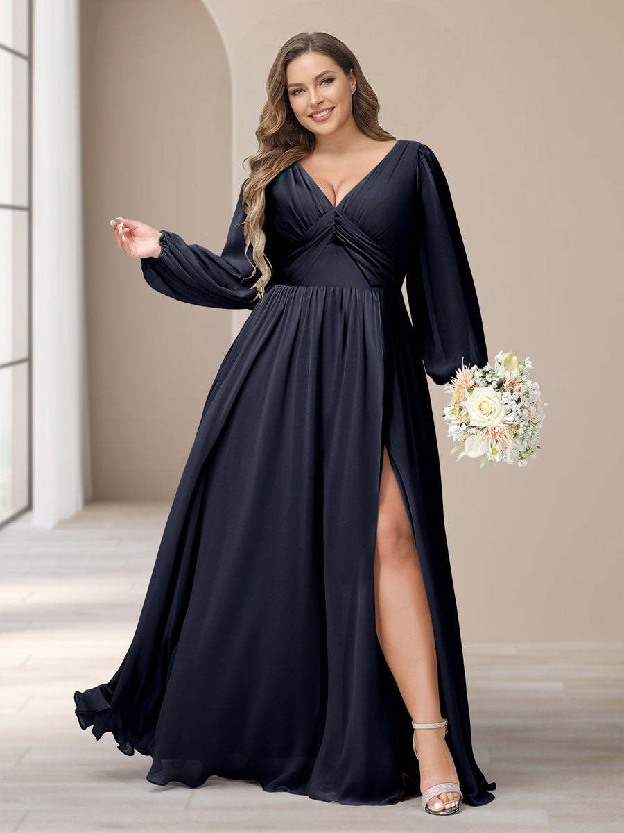 A Line Princess V Neck Long Sleeves Chiffon Long Plus Size Bridesmaid Dresses With Split Side