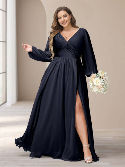 A Line Princess V Neck Long Sleeves Chiffon Long Plus Size Bridesmaid Dresses With Split Side