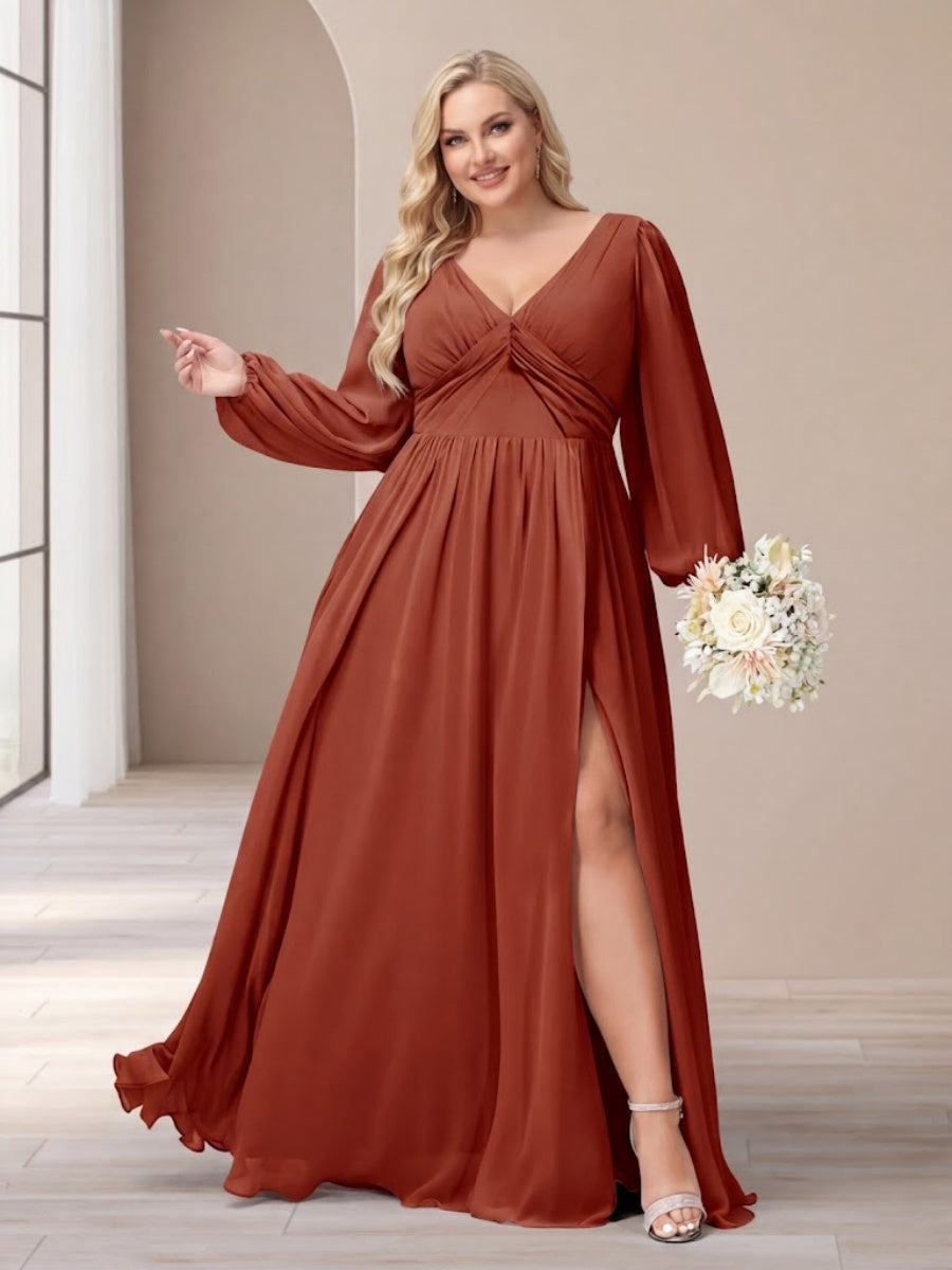 A Line Princess V Neck Long Sleeves Chiffon Long Plus Size Bridesmaid Dresses With Split Side
