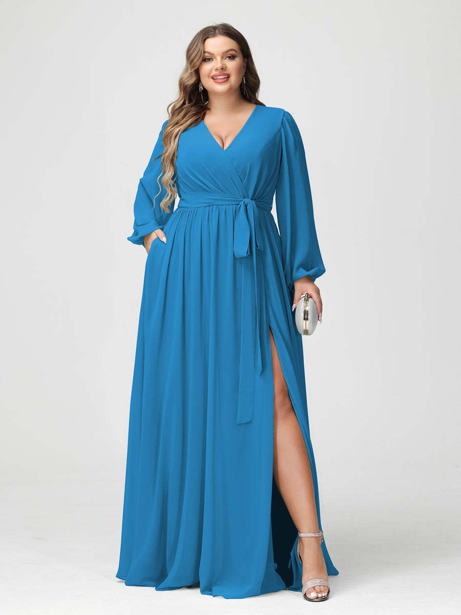 A Line Princess V Neck Long Sleeves Chiffon Plus Size Bridesmaid Dresses with Pockets