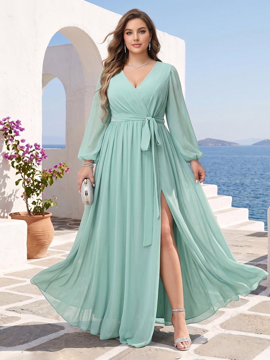 A Line Princess V Neck Long Sleeves Chiffon Plus Size Bridesmaid Dresses with Pockets