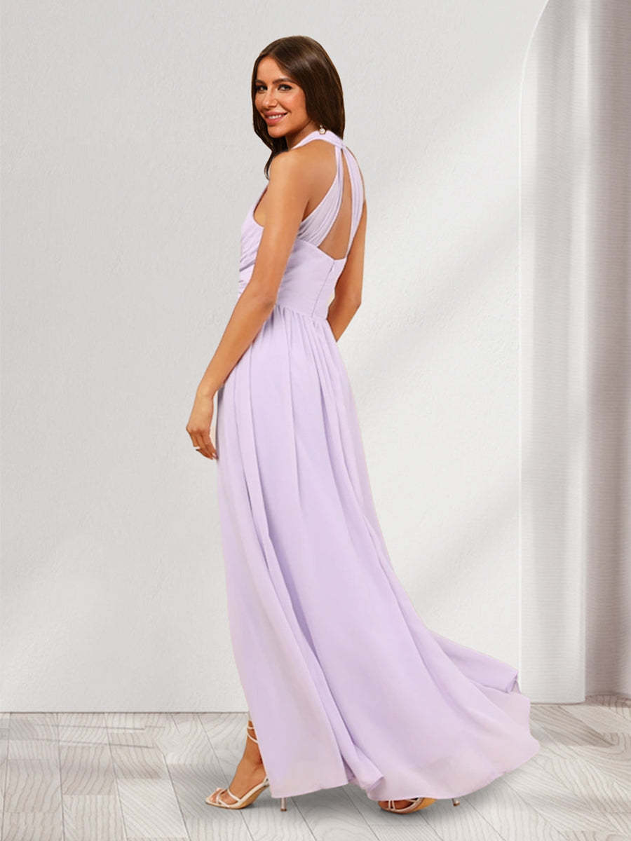 A Line Princess V Neck Ruched Long Bridesmaid Dresses with Side Slit