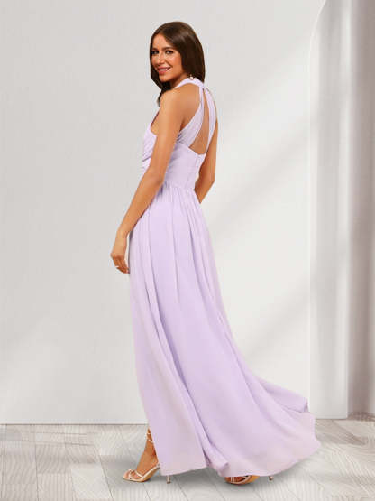 A Line Princess V Neck Ruched Long Bridesmaid Dresses with Side Slit