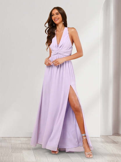 A Line Princess V Neck Ruched Long Bridesmaid Dresses with Side Slit