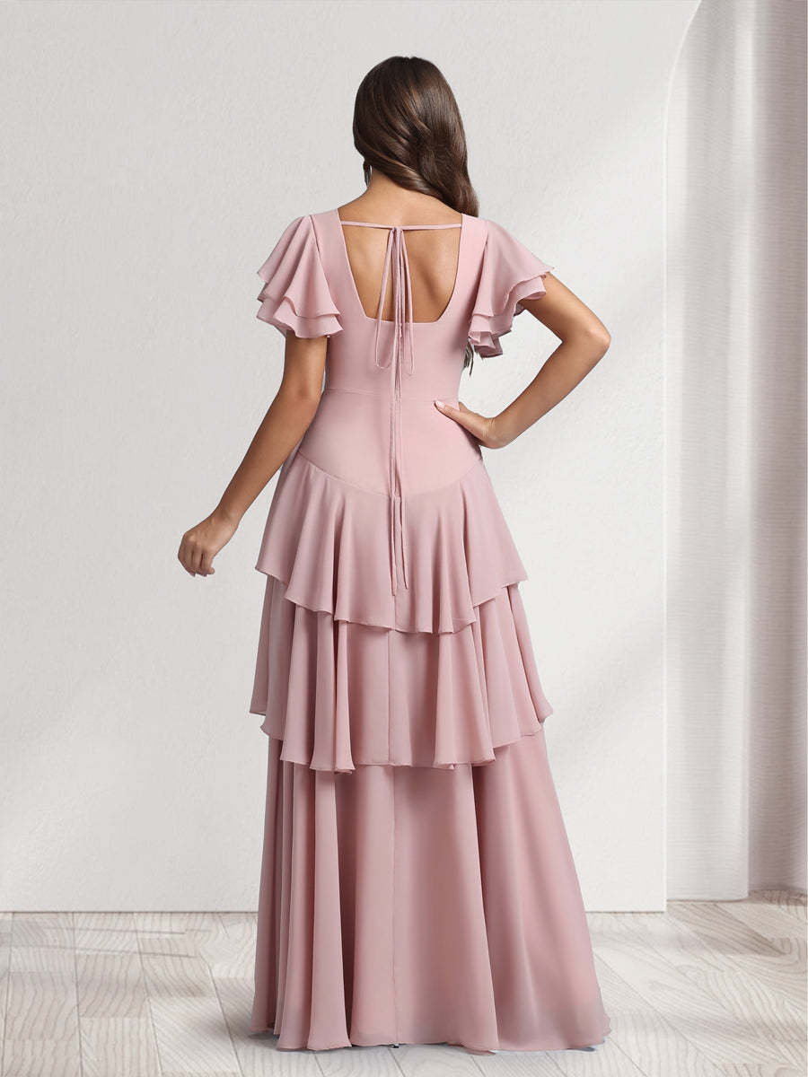 A Line Princess V Neck Short Sleeves Bridesmaid Dresses With Cascading Ruffles Split Side