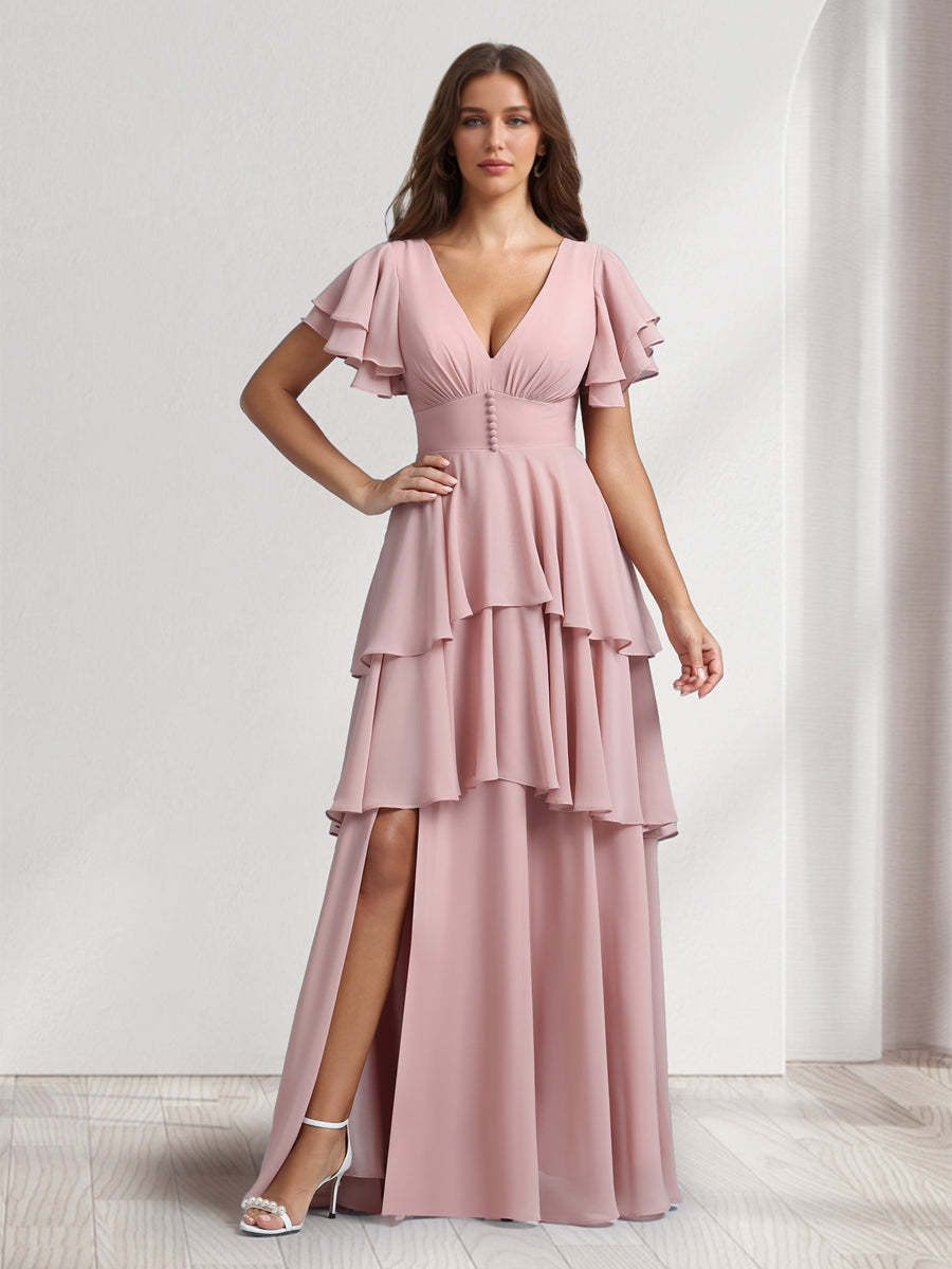 A Line Princess V Neck Short Sleeves Bridesmaid Dresses With Cascading Ruffles Split Side