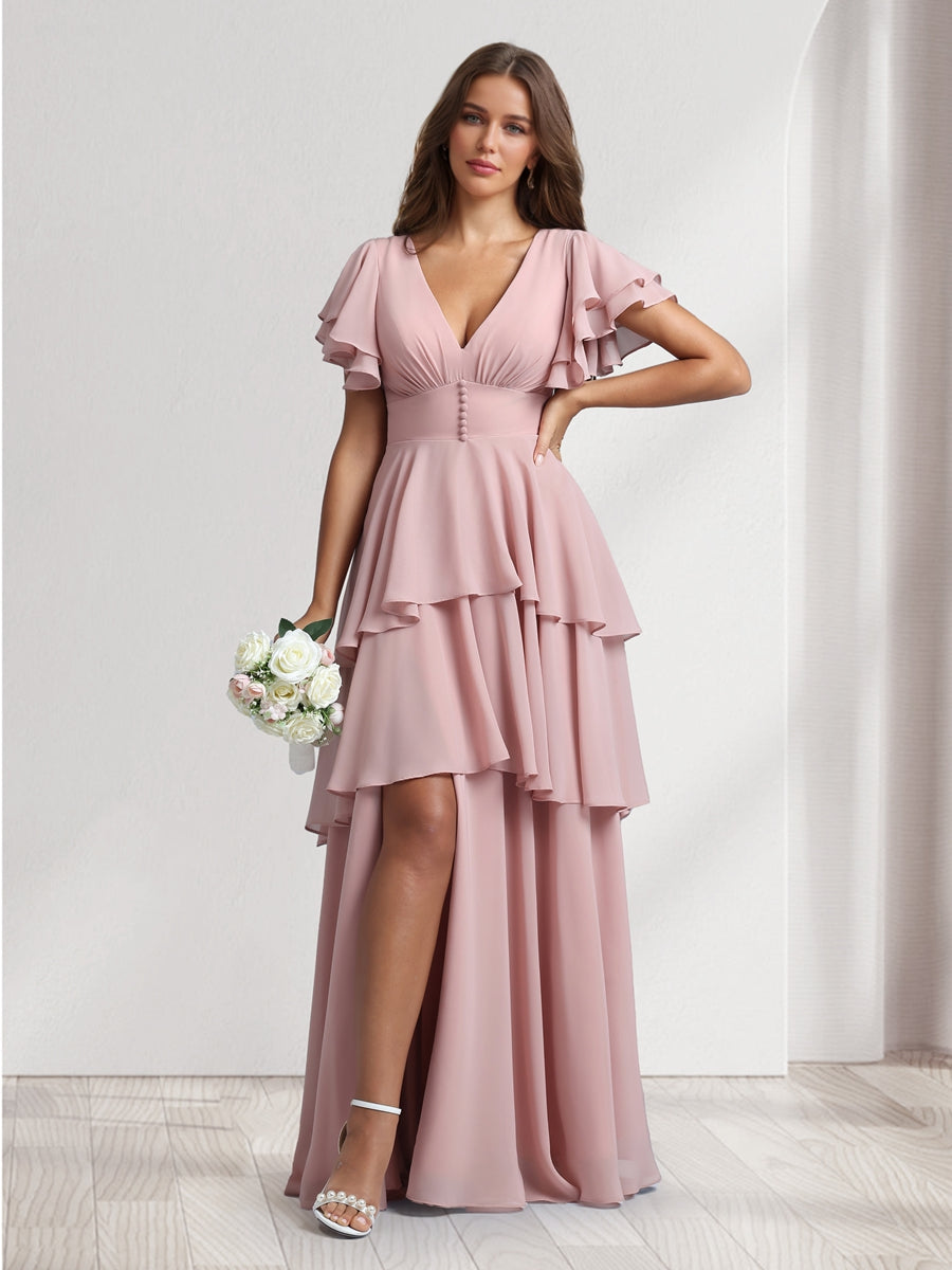 A Line Princess V Neck Short Sleeves Bridesmaid Dresses With Cascading Ruffles Split Side