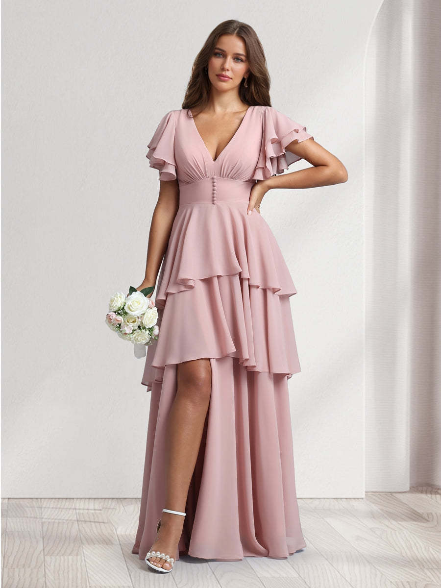 A Line Princess V Neck Short Sleeves Bridesmaid Dresses With Cascading Ruffles Split Side