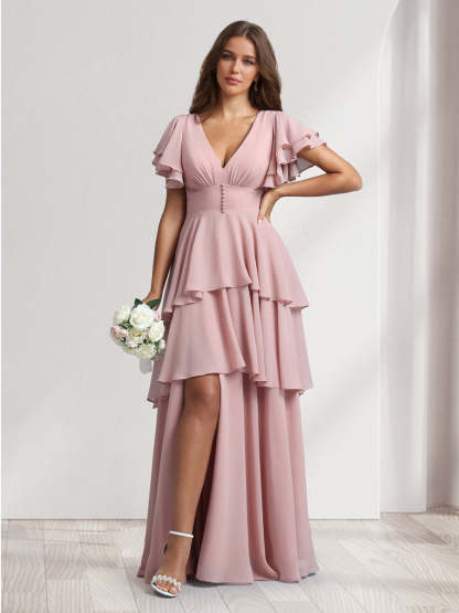 A Line Princess V Neck Short Sleeves Bridesmaid Dresses With Cascading Ruffles Split Side