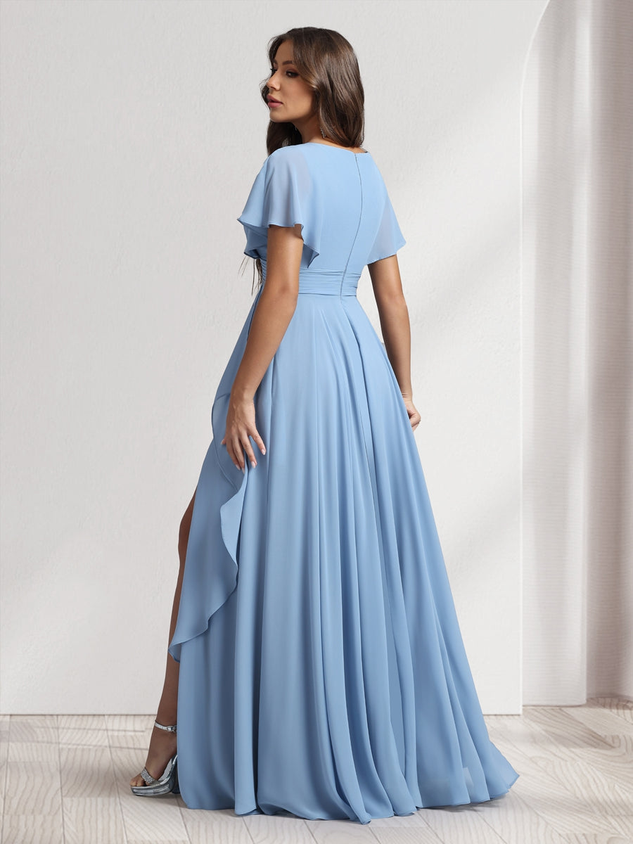 A Line Princess V Neck Short Sleeves Bridesmaid Dresses With Ruffles Split Side