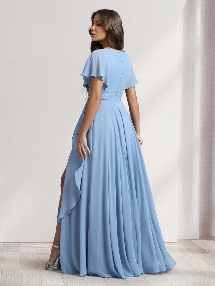A Line Princess V Neck Short Sleeves Bridesmaid Dresses With Ruffles Split Side
