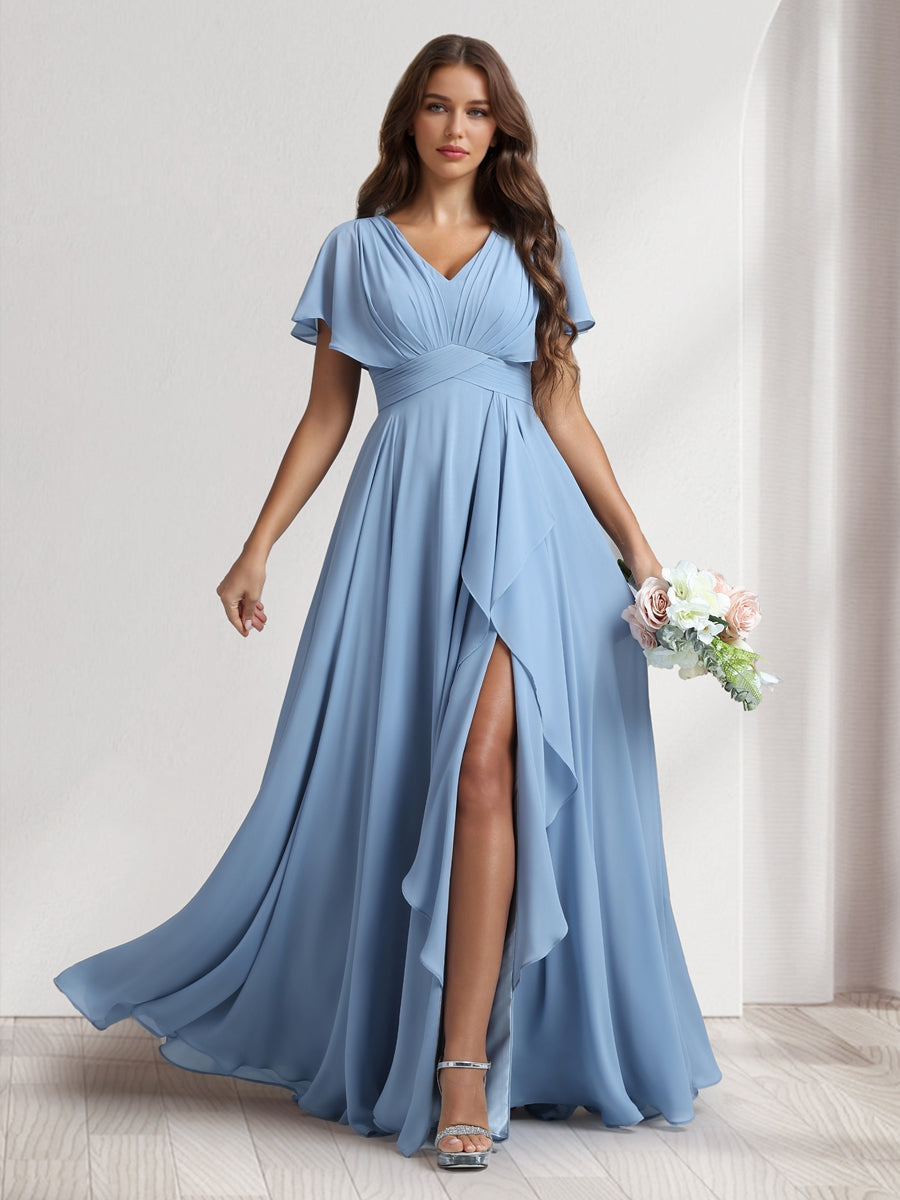 A Line Princess V Neck Short Sleeves Bridesmaid Dresses With Ruffles Split Side