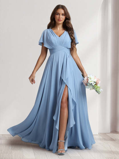 A Line Princess V Neck Short Sleeves Bridesmaid Dresses With Ruffles Split Side