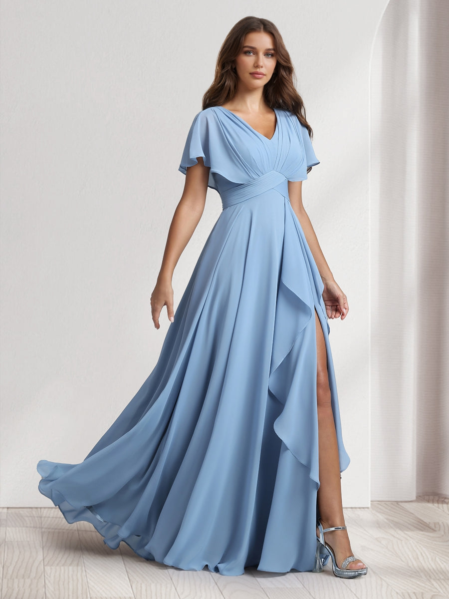 A Line Princess V Neck Short Sleeves Bridesmaid Dresses With Ruffles Split Side