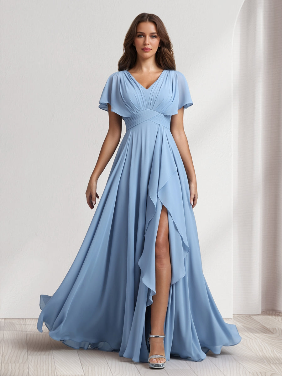 A Line Princess V Neck Short Sleeves Bridesmaid Dresses With Ruffles Split Side