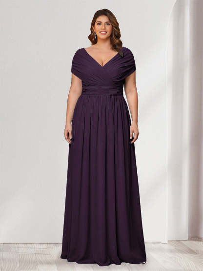 A Line Princess V Neck Short Sleeves Chiffon Plus Size Bridesmaid Dresses With Bowknot