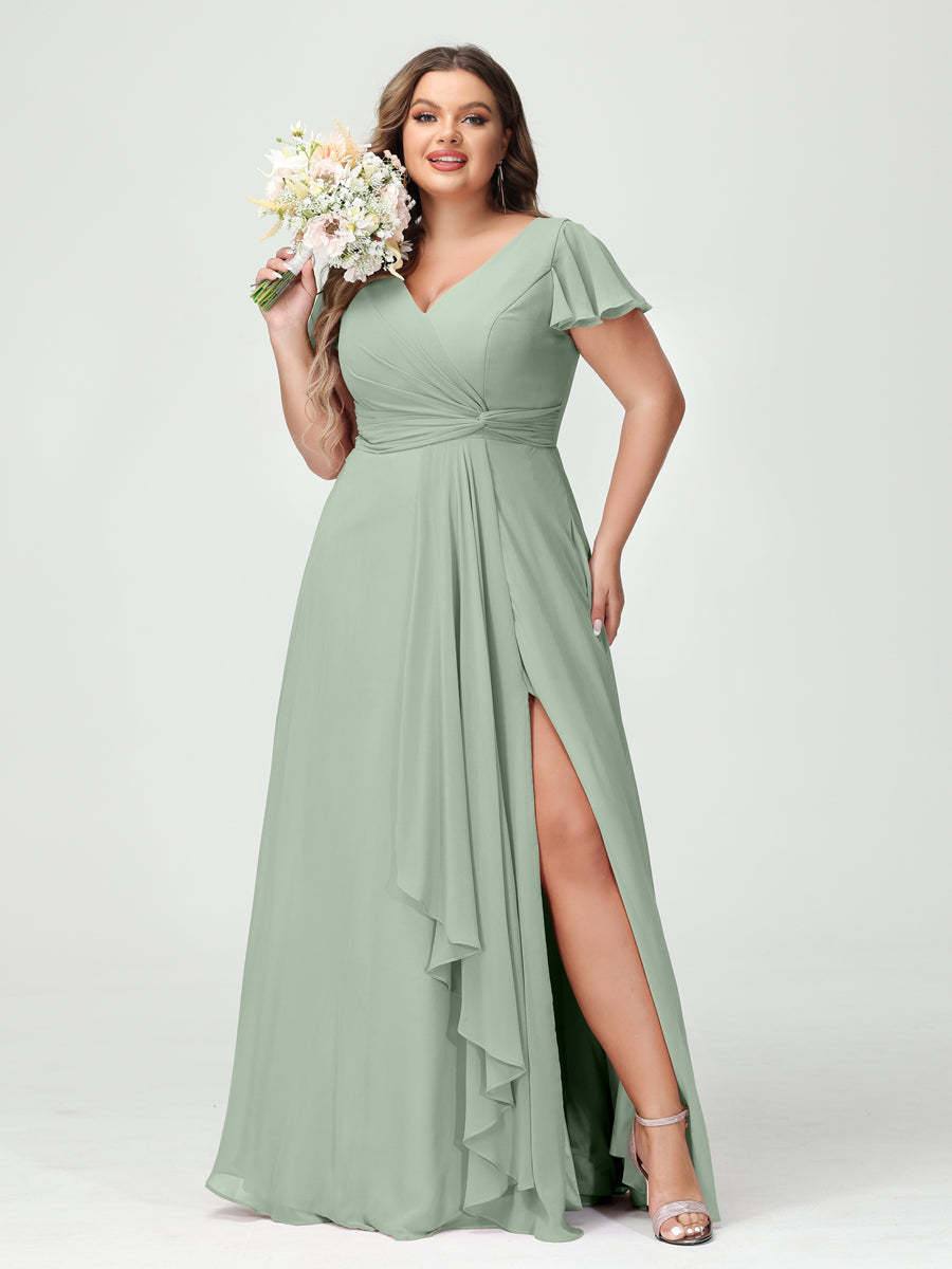 A Line Princess V Neck Short Sleeves Chiffon Ruffles Split Side Plus Size Bridesmaid Dresses with Pockets