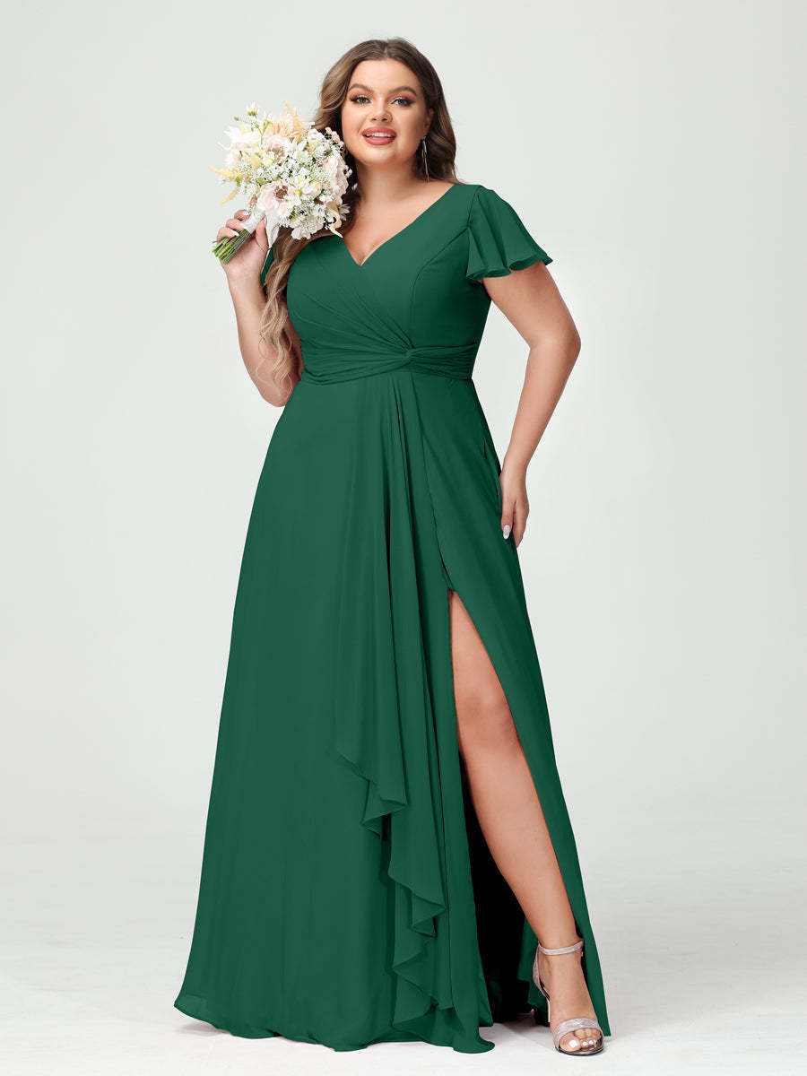 A Line Princess V Neck Short Sleeves Chiffon Ruffles Split Side Plus Size Bridesmaid Dresses with Pockets