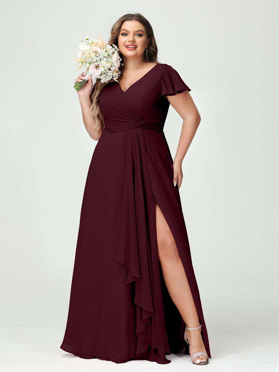 A Line Princess V Neck Short Sleeves Chiffon Ruffles Split Side Plus Size Bridesmaid Dresses with Pockets