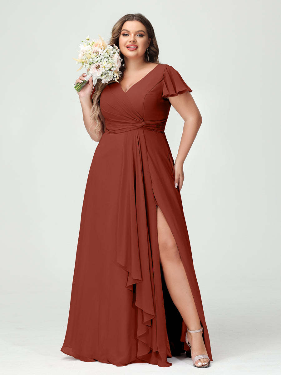 A Line Princess V Neck Short Sleeves Chiffon Ruffles Split Side Plus Size Bridesmaid Dresses with Pockets