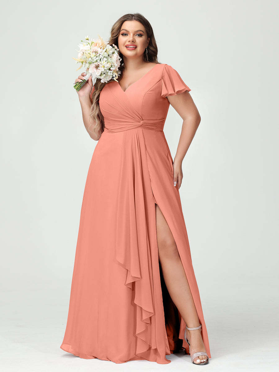 A Line Princess V Neck Short Sleeves Chiffon Ruffles Split Side Plus Size Bridesmaid Dresses with Pockets