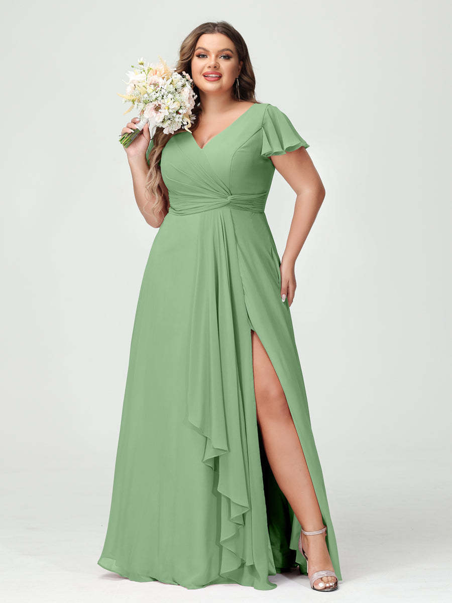 A Line Princess V Neck Short Sleeves Chiffon Ruffles Split Side Plus Size Bridesmaid Dresses with Pockets
