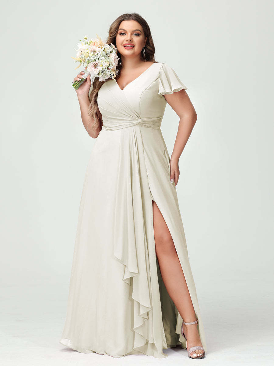 A Line Princess V Neck Short Sleeves Chiffon Ruffles Split Side Plus Size Bridesmaid Dresses with Pockets