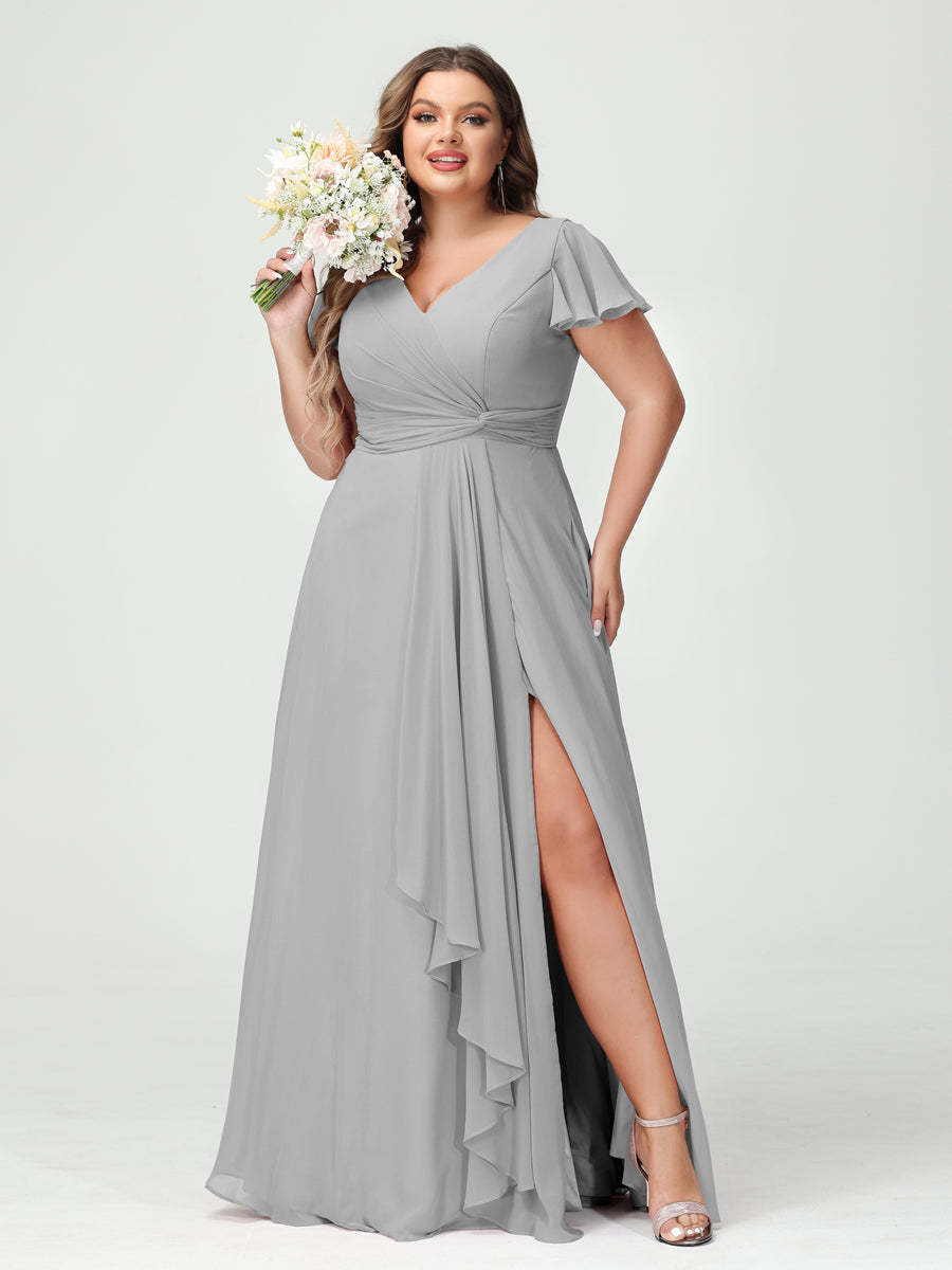 A Line Princess V Neck Short Sleeves Chiffon Ruffles Split Side Plus Size Bridesmaid Dresses with Pockets