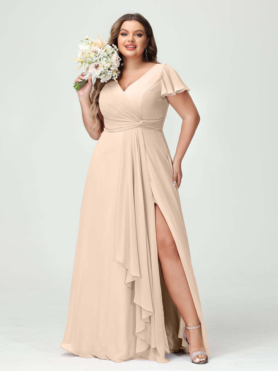 A Line Princess V Neck Short Sleeves Chiffon Ruffles Split Side Plus Size Bridesmaid Dresses with Pockets