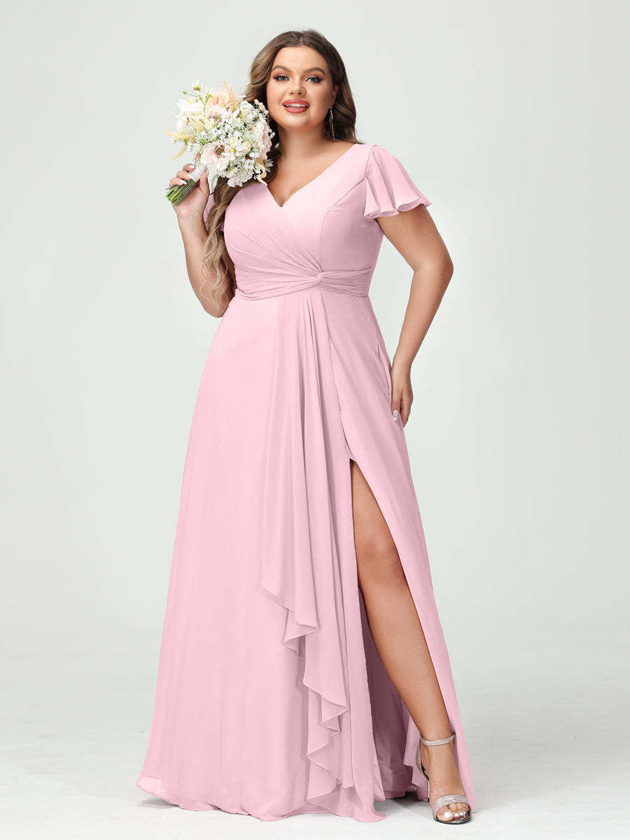 A Line Princess V Neck Short Sleeves Chiffon Ruffles Split Side Plus Size Bridesmaid Dresses with Pockets