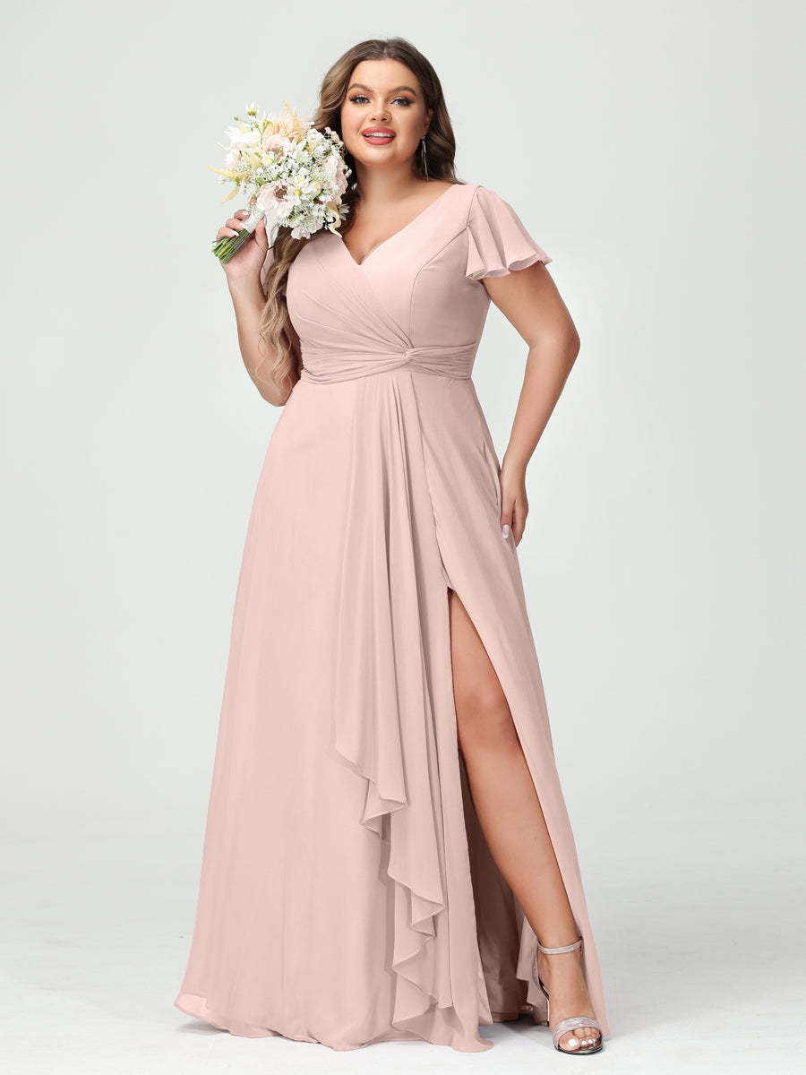 A Line Princess V Neck Short Sleeves Chiffon Ruffles Split Side Plus Size Bridesmaid Dresses with Pockets
