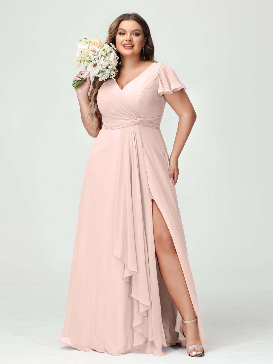 A Line Princess V Neck Short Sleeves Chiffon Ruffles Split Side Plus Size Bridesmaid Dresses with Pockets