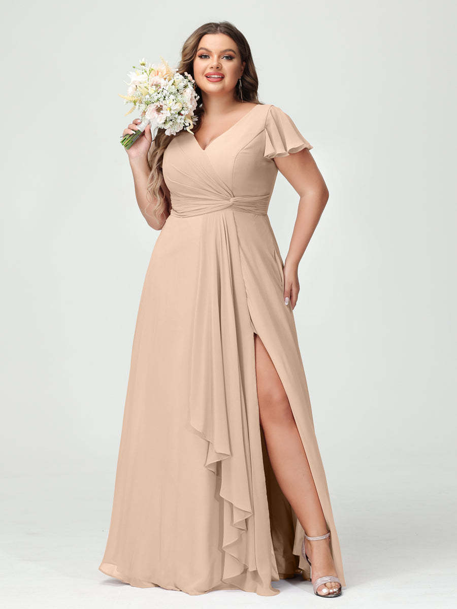 A Line Princess V Neck Short Sleeves Chiffon Ruffles Split Side Plus Size Bridesmaid Dresses with Pockets