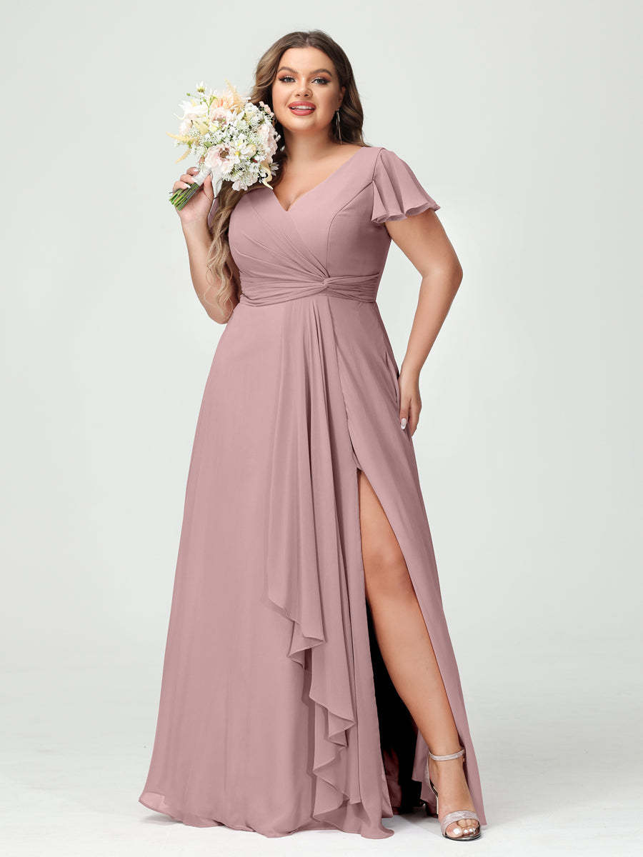 A Line Princess V Neck Short Sleeves Chiffon Ruffles Split Side Plus Size Bridesmaid Dresses with Pockets