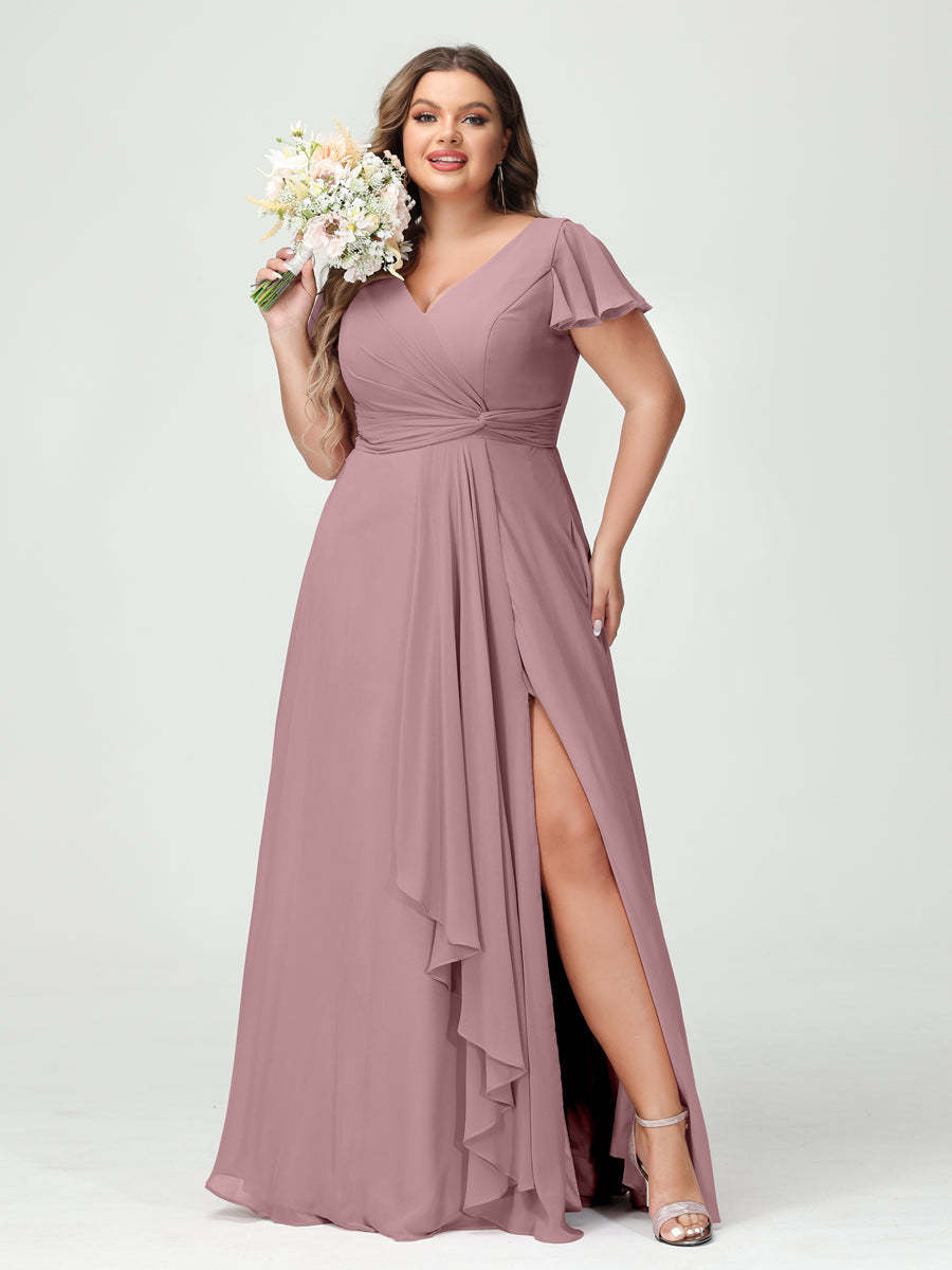 A Line Princess V Neck Short Sleeves Chiffon Ruffles Split Side Plus Size Bridesmaid Dresses with Pockets