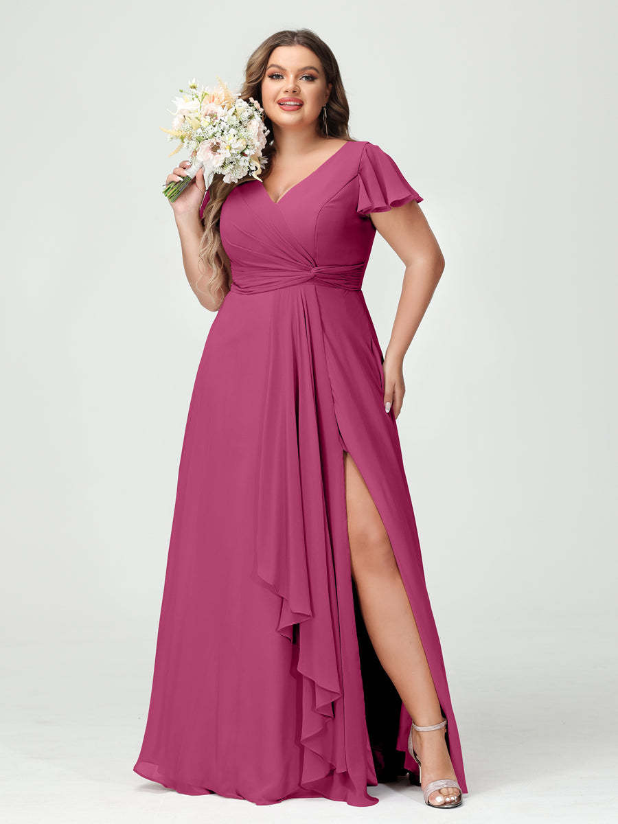 A Line Princess V Neck Short Sleeves Chiffon Ruffles Split Side Plus Size Bridesmaid Dresses with Pockets