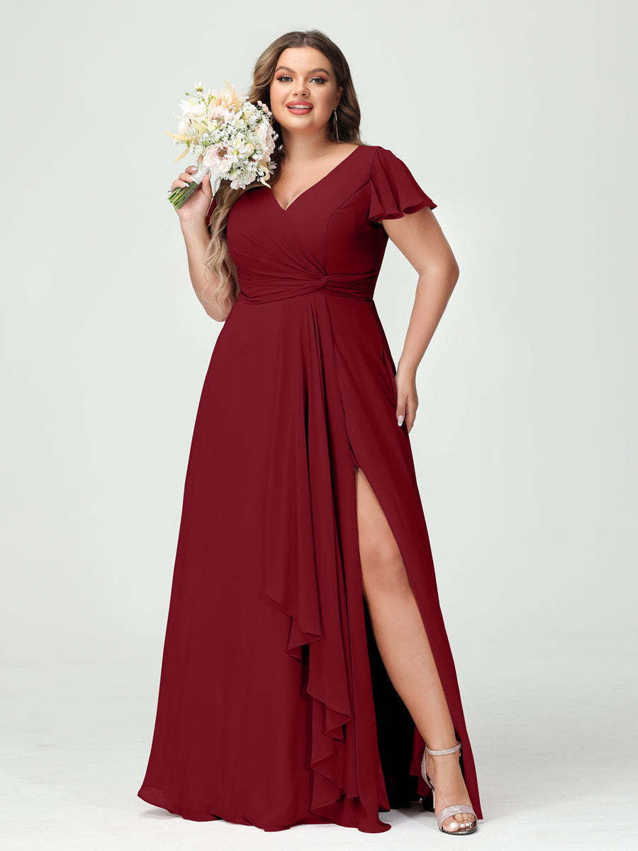 A Line Princess V Neck Short Sleeves Chiffon Ruffles Split Side Plus Size Bridesmaid Dresses with Pockets