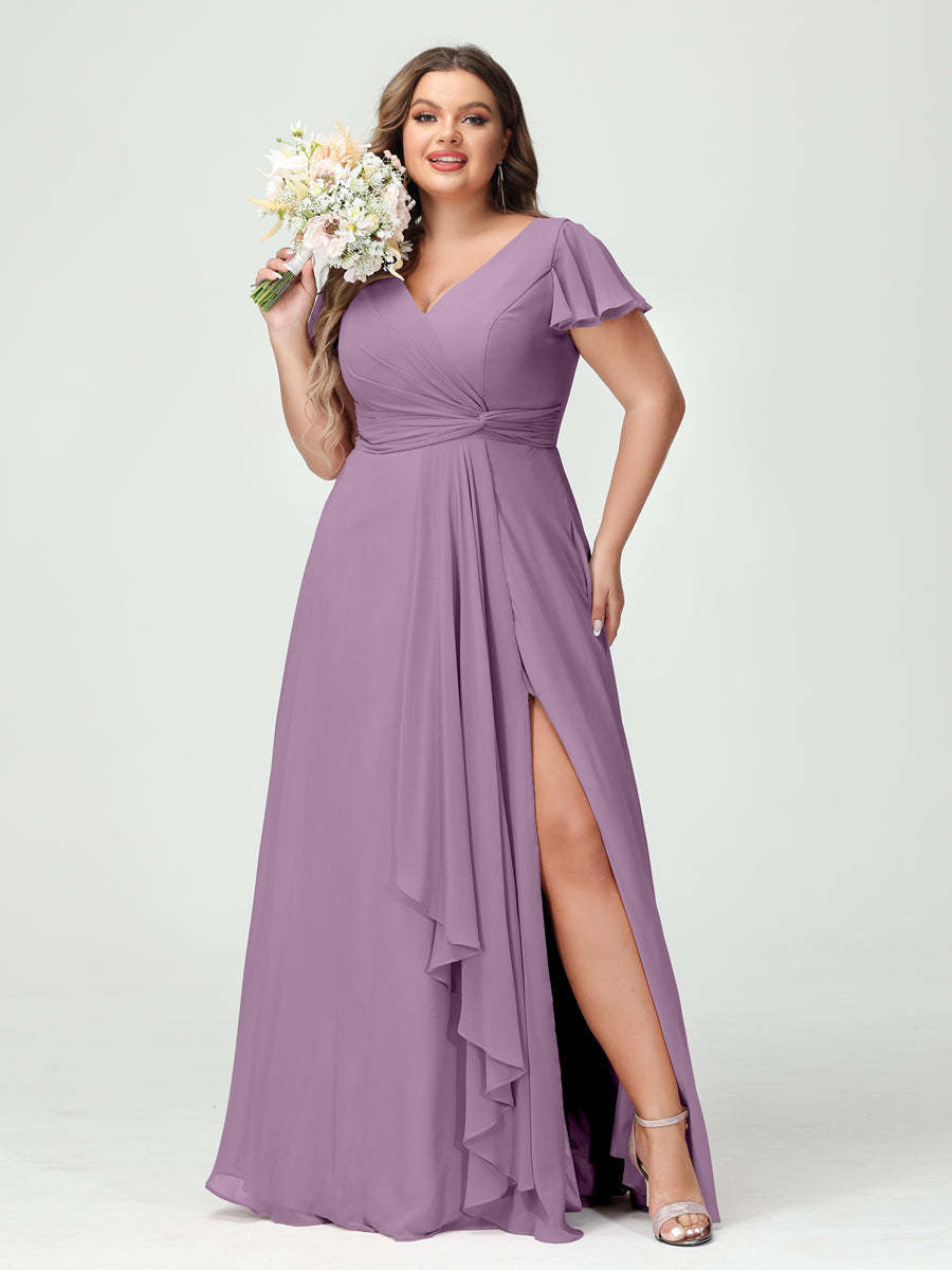 A Line Princess V Neck Short Sleeves Chiffon Ruffles Split Side Plus Size Bridesmaid Dresses with Pockets