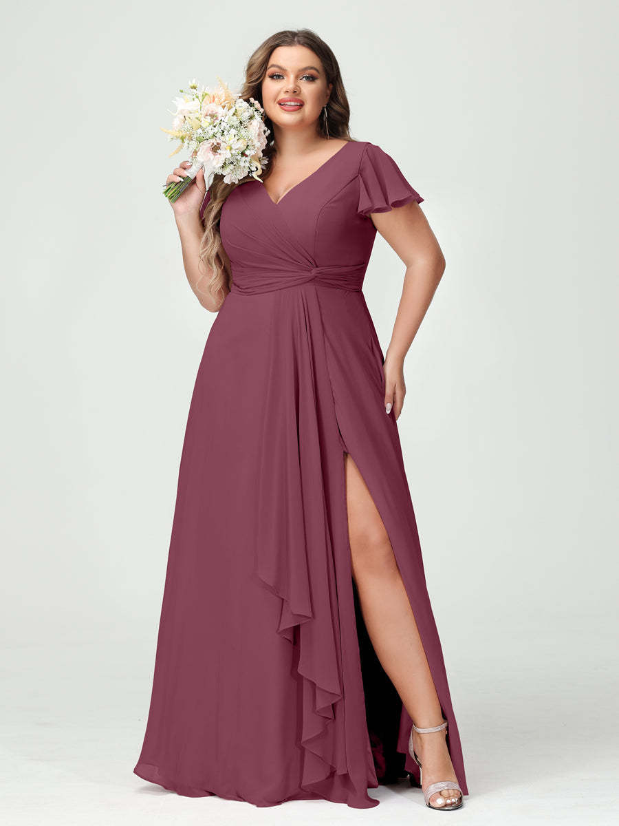 A Line Princess V Neck Short Sleeves Chiffon Ruffles Split Side Plus Size Bridesmaid Dresses with Pockets