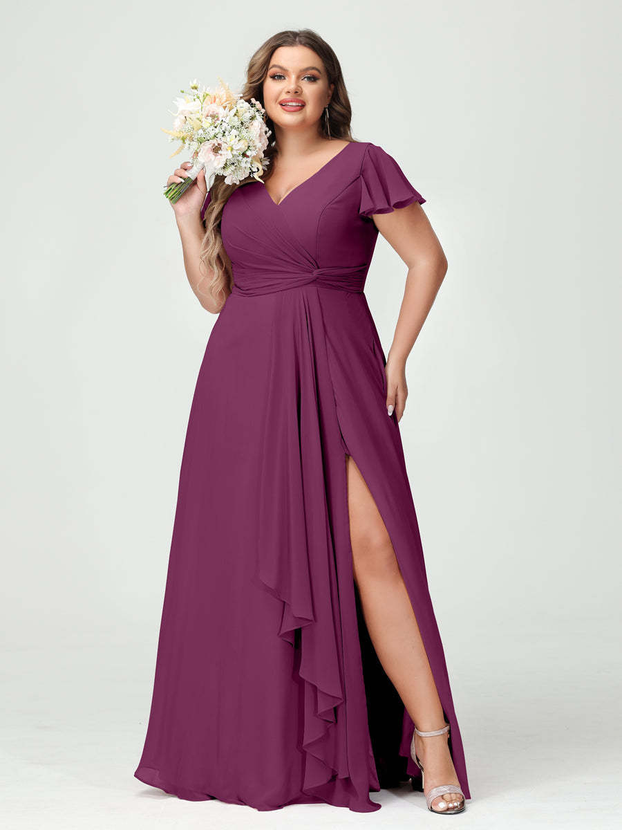 A Line Princess V Neck Short Sleeves Chiffon Ruffles Split Side Plus Size Bridesmaid Dresses with Pockets